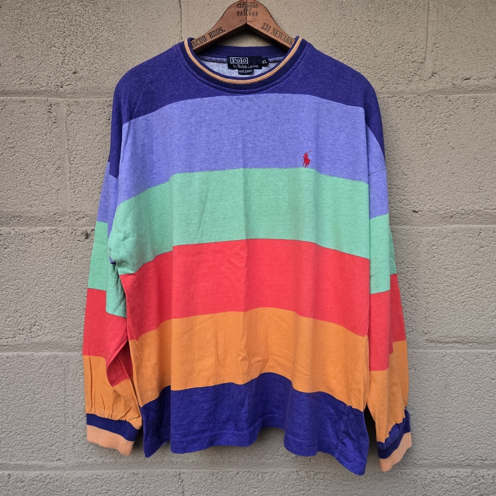 Vintage Polo Ralph Lauren Made USA Rainbow Striped Crewneck Long Sleeve Men ● XL